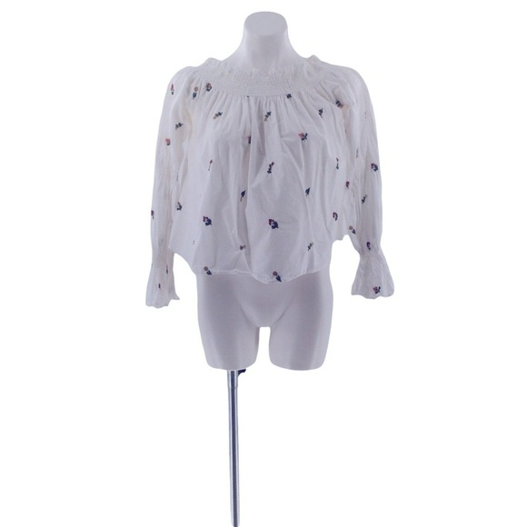 Zara Off the Shoulder White Floral Embroidered Long Ruffle Sleeve Boho Top - Picture 4 of 11